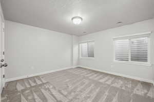 Carpeted spare room with a textured ceiling