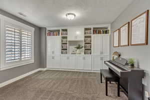 Miscellaneous room with light carpet and a textured ceiling