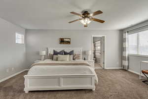 Carpeted bedroom with ceiling fan and ensuite bathroom