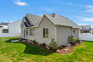 Rear view of house with a yard, stucco siding, fence, a gate, and a shingled roof