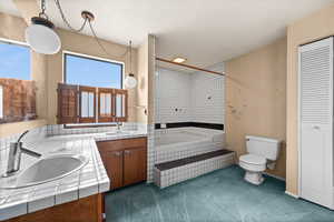 Primary bathroom with vanity, shower with separate bathtub, and toilet