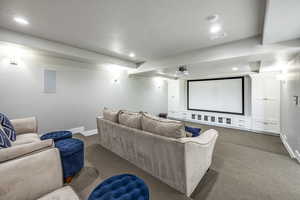 Cinema with carpet floors and a textured ceiling