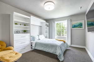 Carpeted bedroom with a textured ceiling