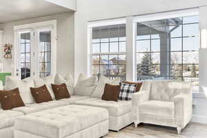 Living room featuring a mountain view and light wood-type flooring