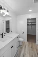 Bathroom with vanity, hardwood / wood-style flooring, and toilet