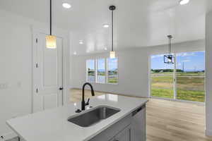 Kitchen featuring sink, dishwasher, a kitchen island with sink, hanging light fixtures, and light wood-type flooring