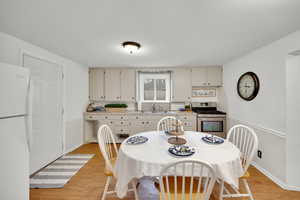 Dining area featuring sink and light hardwood / wood-style floors