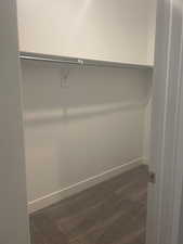 Owners Bedroom Walk in closet #2 featuring dark colored carpet