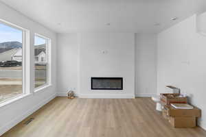 Living room featuring a mountain view and light wood-type flooring