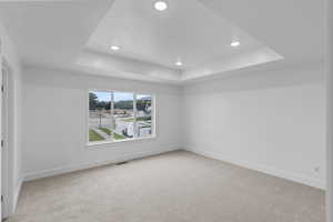 Spare room featuring carpet flooring and a tray ceiling