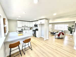 Kitchen featuring a breakfast bar, white cabinetry, decorative backsplash, stainless steel appliances, and light wood-type flooring