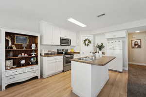 Kitchen featuring sink, backsplash, stainless steel appliances, and white cabinets