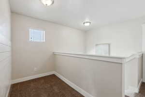 Interior space with dark colored carpet