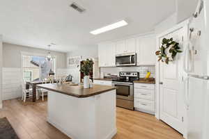 Kitchen with appliances with stainless steel finishes, decorative light fixtures, an island with sink, sink, and white cabinets