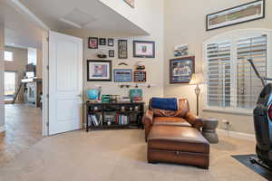 Sitting room featuring a high ceiling and light colored carpet