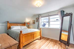 Bedroom featuring vaulted ceiling and light wood-type flooring