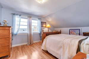 Bedroom with vaulted ceiling and light hardwood / wood-style floors