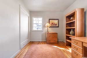 Main floor bedroom with light hardwood floors and a textured ceiling