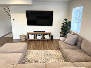 Living room featuring dark wood-type flooring