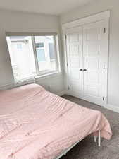 Carpeted bedroom featuring a closet