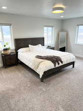 Bedroom with multiple windows, carpet floors, and a textured ceiling