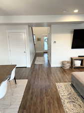 Living room featuring dark wood-type flooring