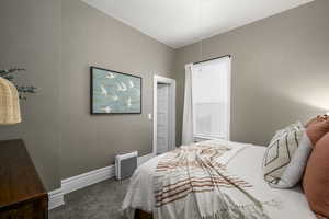 Bedroom with dark colored carpet