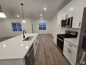 Kitchen featuring appliances with stainless steel finishes, sink, hanging light fixtures, and white cabinets