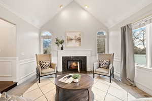 Living area featuring light carpet, plenty of natural light, ornamental molding, and a premium fireplace