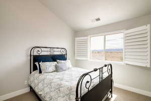 Bedroom with lofted ceiling and carpet