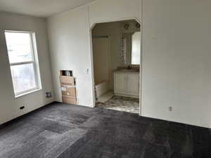 Empty room with light colored carpet and sink