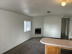 Unfurnished living room featuring a textured ceiling and dark carpet