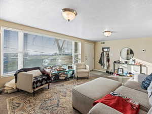 Living room featuring a wealth of natural light and a textured ceiling