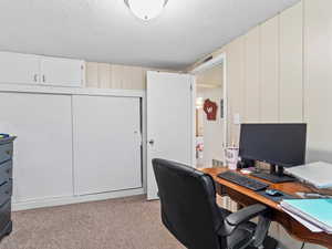 Carpeted office featuring a textured ceiling