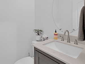 Bathroom with vanity, wood-type flooring, and toilet