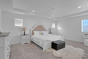 Carpeted bedroom with a raised ceiling