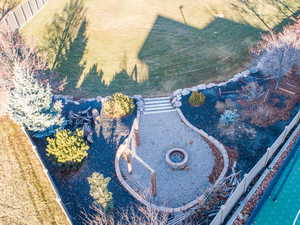 Aerial view firepit, mature trees