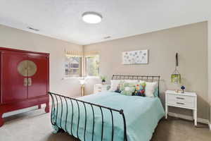 Carpeted bedroom featuring baseboards, a textured ceiling, and visible vents
