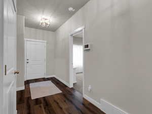 Entrance foyer featuring dark hardwood / wood-style flooring and a textured ceiling