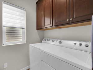 Laundry room with separate washer and dryer and cabinets