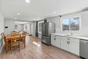 Kitchen featuring sink, white cabinetry, tasteful backsplash, light wood-type flooring, and appliances with stainless steel finishes