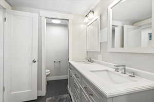 Bathroom featuring vanity, hardwood / wood-style floors, and toilet