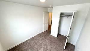 Unfurnished bedroom with carpet floors and a closet