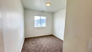 Carpeted empty room with a textured ceiling