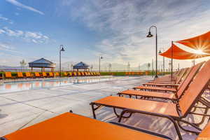 View of pool featuring a mountain view and a gazebo