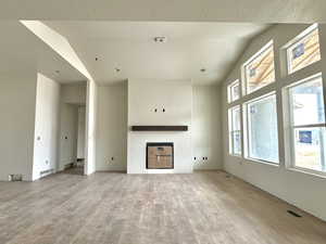 Unfurnished living room featuring plenty of natural light, light hardwood / wood-style floors, and a textured ceiling