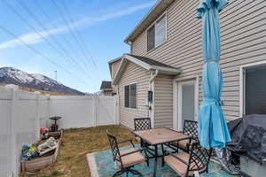 View of patio / terrace featuring a grill and a mountain view