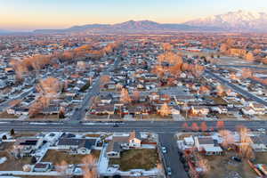 Aerial view at dusk with a mountain view