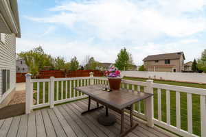 Deck with a lawn and a fenced backyard
