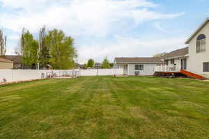 View of yard featuring a fenced backyard and a wooden deck